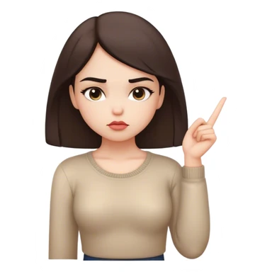 A cute girl with a pouty expression, eyebrows slightly furrowed, lips pushed out, and one hand on her hip while the other points confidently toward the sky. The background is minimal, with a soft glow highlighting her gesture. sticker