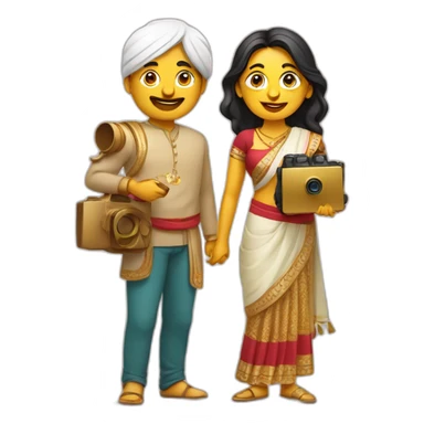 Indian golden modern man and woman with camera in one hand and food in other hand, happy smiling sticker