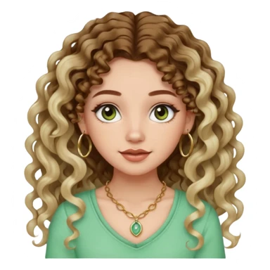 cute girl with not volominous VERY LONG curly/wavy balayage hair brown eyes full lips cute makeup cute necklace and hoop earrings white girl with light green top sticker