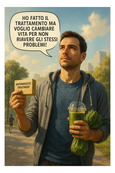 A realistic, cinematic illustration of a man in his early 30s with a determined and hopeful expression, standing outside under a bright morning sky, holding a small box labeled 'Antiparasitic Treatment' in one hand, while in the other hand he holds a fresh green smoothie or a bag of vegetables. A speech bubble near him says: ‘Ho fatto il trattamento ma voglio cambiare vita per non riavere gli stessi problemi!’ The man is wearing casual but clean and sporty clothing, symbolizing a fresh start, with the background showing a city park with green trees, morning light, and people jogging, indicating a healthy lifestyle. The atmosphere is bright, uplifting, and motivating, clearly illustrating the transition from treatment to lifestyle change to prevent future health issues. The style is realistic with warm tones, showing positive energy and commitment to change in italiano sticker