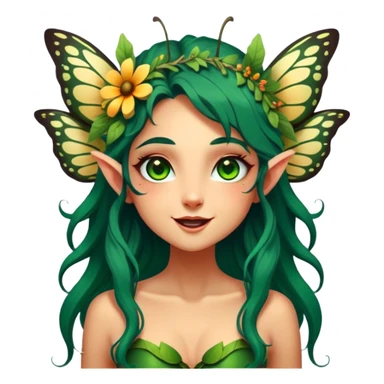 Cinematic Realistic Forest Fairy Portrait, head tilted dramatically with an exaggeratedly amused expression, featuring a striking, nature-infused form with glowing, sun-kissed tanned skin and vividly detailed dark green hair adorned with floral accents. Her expressive eyes brim with playful forest mischief, rendered with vibrant, lifelike textures and dynamic dappled lighting that conveys a spirited, over‐the‐top woodland whimsy showing her large butterfly wings from her back. sticker