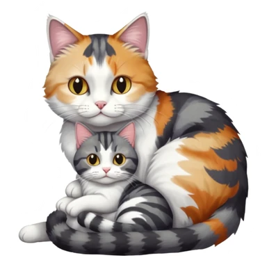 full body colourful light patched calico + white tabby cat cuddling a bigger cat that is dark grey and white tabby cat  sticker