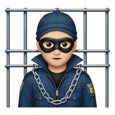 emoji of a thief behind bars with a lock, police, chains, mask, and prison elements, clear and expressive style sticker