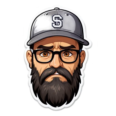A man with a grey baseball cap, hazel eyes, big dark brown beard and glasses, crying sticker