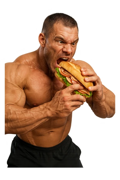 bodybuilder che mangia affamato un panino, iperrealistico 4k sticker