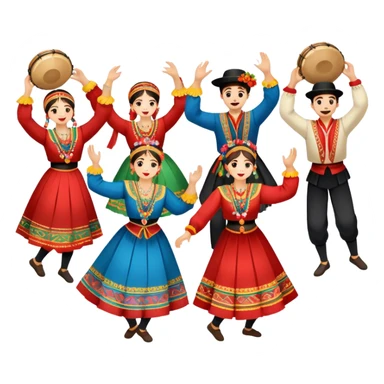 Icon for Folk Dance: a group of men and women 4-5 persons in vibrant national costumes, performing a traditional dance. Some dancers hold castanets and tambourines, capturing the energy and cultural heritage of folk dance. Transparent background. sticker