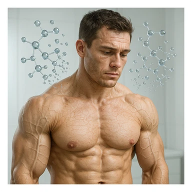 25-year-old bodybuilder with decreasing collagen levels, hyper realistic style, defined muscles, skin with slight wrinkles, collagen molecules dissolving above the skin, clinical atmosphere, light background sticker