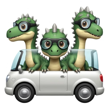 Tres dinosaurios bebés grises subidos en un carro tecnológico blanco con lentes de realidad virtual sticker