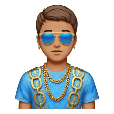 fashionable young man emoji with short brown hair, sunglasses on head, ornate blue and gold Versace shirt, chain necklace, jeans sticker