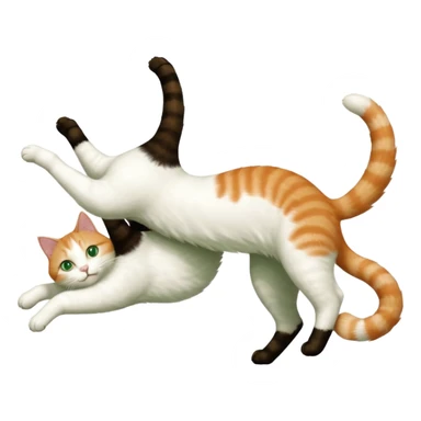 ginger and white cat with green eyes doing a big extremely long stretch reaching up into the air with arms and legs side by side together straight and overextended whilst lying on its side sticker