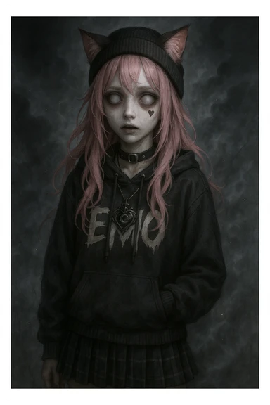 realistic anime catgirl with pink hair, emo streetwear, heart tattoo under left eye, dark magical accessory, sparkles, stormy background, ghostly horror expression with pale face, hollow eyes, faint mist sticker