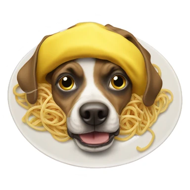 stupid ass fucking dog eating a plate of spaghetti with a yellow minion hat on his head sticker