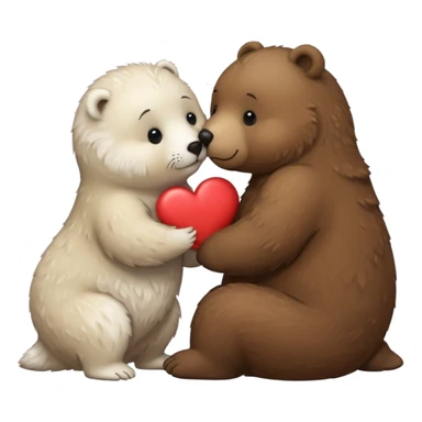 small white seal kissing a big brown bear with a heart between them sticker
