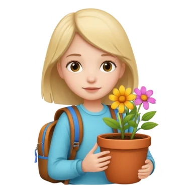 young girl wearing packpack, holding a flower pot sticker