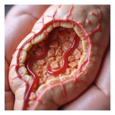 realistic illustration of endometrium with dilated blood vessels, edema, inflammatory infiltrate, bright colors highlighting inflammation, white background sticker