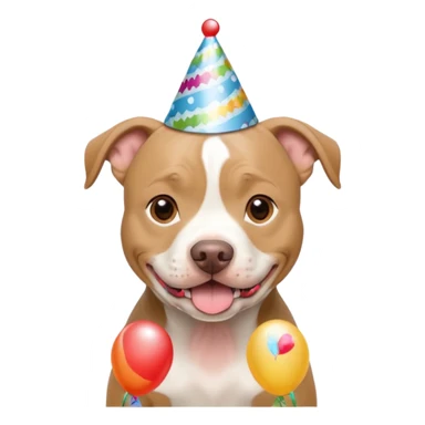 beige and white short haired pitbull with birthday hat sticker