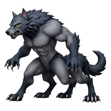 cinematic-noble-fierce-werewolf-full body on all fours-emoji, poised-and-imposing, with a tall, lean, and muscular wolfish frame inspired by the brutal, imposing shape of the beast from Berserk, fur rippling in shades of midnight black and silver, massive paws with razor-sharp claws, elongated limbs and fangs, eyes glowing with an intense, primal ferocity, reflecting the untamed power of the wild moonlit night; rendered with realism like a wolf hunched over sticker