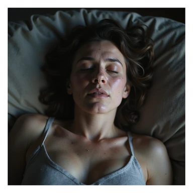 hyperrealistic 4K image of a woman with PCOS lying on a couch, tired face, eyes closed or half-open, dark circles, acne, facial hair, thin hair, realistic atmosphere sticker