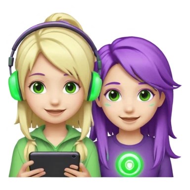 Make a blonde girl with green glowing headset on and a purple haired girl haveing fun , make them a chibi emoji page sticker