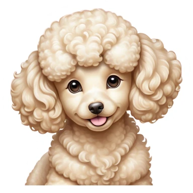 Cinematic Cute Cream Poodle Portrait Emoji, Head tilted playfully and inquisitively, showcasing a bouncy, curly cream Fur with a luminous sheen, round, sparkling warm eyes filled with curiosity, Simplified yet irresistibly adorable features, highly detailed, glowing with a warm, friendly glow, high shine, affectionate and lively, stylized with a touch of whimsy, bright and endearing, soft glowing outline, capturing the essence of a mischievous yet loving companion, so playful it feels like it could bounce out of the screen and into your arms! sticker