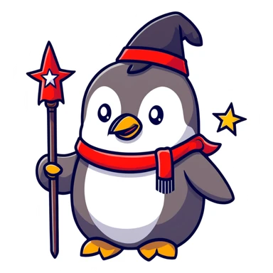 Penguin wizard with Russian beard, star-covered hat, and red magical staff sticker