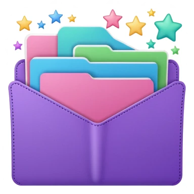small cute folder icon emoji style, slightly open at the top, several colorful divider tabs peeking out (blue, green, pink, purple), white label area on the front with the word 'Covers' in playful handwriting, small sparkles or stars around the folder sticker