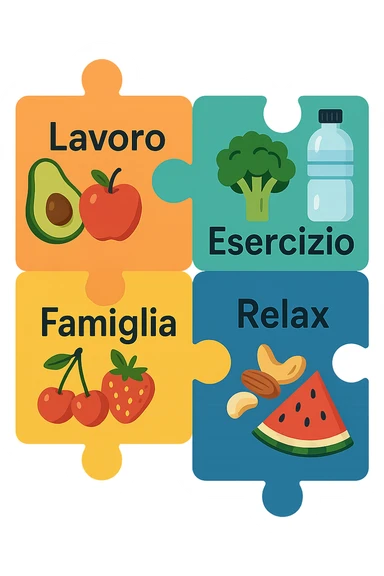 Puzzle (Lavoro, Esercizio, Famiglia, Relax), and healthy foods are integrated into each piece. in italiano sticker
