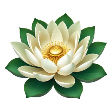 Lotus flower in full bloom with white petals and golden center, round green leaf sticker
