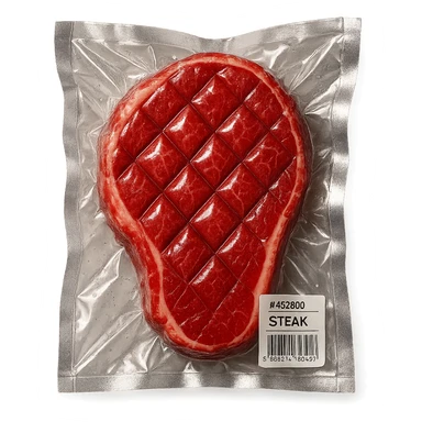 diamond-textured meat steak, shiny and inflated, vacuum-sealed style sticker