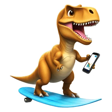 t-rex surfing whle holding his phone sticker