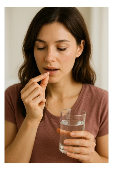 donna che prende pillola per il suo ciclo mestruale. immagine 4k sticker