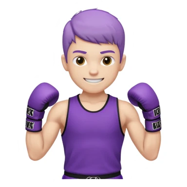 now make a boy whose white smiling in purple kickboxing full shirt with Fighting HARD on the shirt sticker