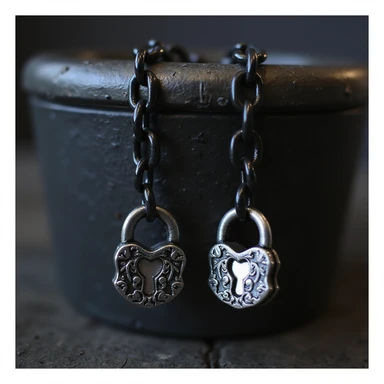 realistic goth earrings, black chain with padlock, punk gothic, metallic shine sticker