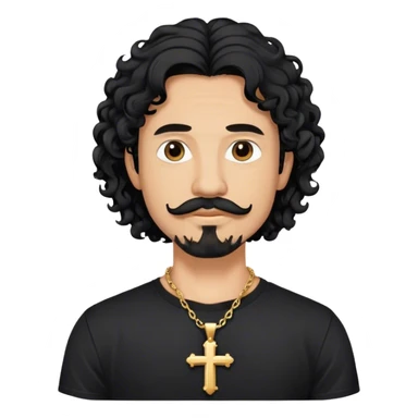 Long curly black hair guy, goatee and mustache with a cross neckless and a black tshirt sticker