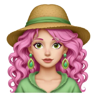 pink haired very long curly haired woman with full face light green clay mask  and big earrings and hat sticker