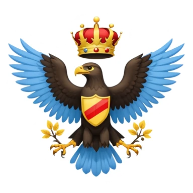 A light blue flag featuring a red and black horizontal stripe across the center. In the middle, a yellow circle contains a golden heraldic eagle with spread wings and a small crown above its head. Flat 2D vector style. sticker