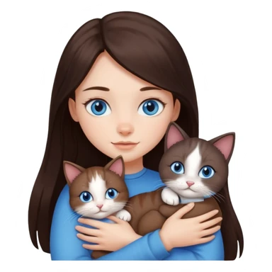 a pretty girl with long dark 
brown hair, with blue eyes, hugs 3 different natural coloured small cats sticker