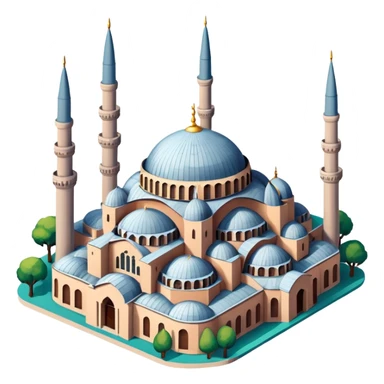 Isometric illustration of Istanbul, featuring Hagia Sophia with its large central dome and four tall minarets, paint photorealistic style sticker