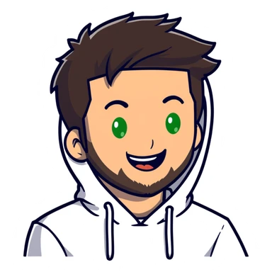laughing guy with white hoodie, white t-shirt underneath, green eyes, dark brown undercut hairstyle and a short full beard sticker
