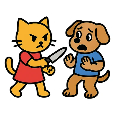 a girl kitty cat holding a knife, attacking a boy dog sticker