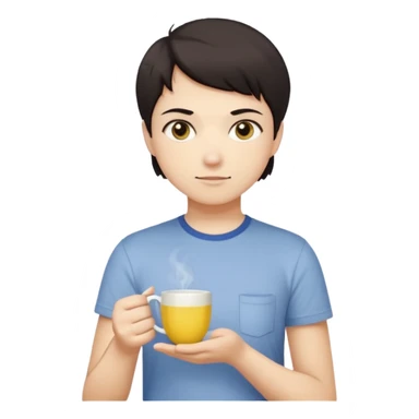 человек с короткими тёмными волосами и круглым лицом. У него спокойное, нейтральное выражение лица, тёмные глаза, аккуратные брови. Он стоит прямо на фоне светлой стены. На нём светлая футболка с небольшим рисунком. В целом образ выглядит простым и аккуратным. В руках чай с лимоном sticker