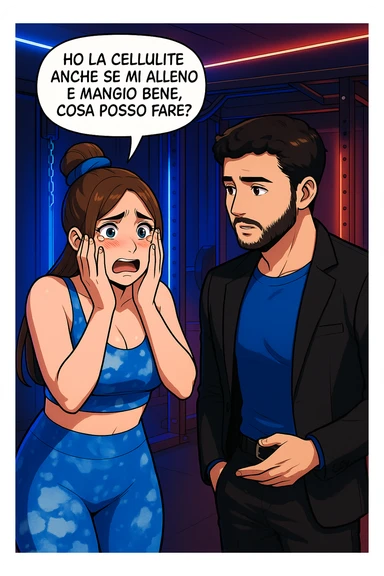 TRASFORMA QUESTO CAROSELLO IN UN FUMETTO STILE WEBTOON/MANGA A COLORI CON QUESTE DUE PERSONE IDENTICHE CHE INTERLOQUISCONO TRA LORO, LA DONNA è DISPERATA CON LE MANI SULLE GUANCE E STA DOMANDANDO TUTTA AGITATA UNA COSA ALL'UOMO:

LEI (DONNA): Ho la cellulite anche se mi alleno e mangio bene, cosa posso fare? sticker