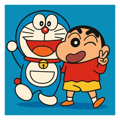 Doraemon and Shinchan together, playful pose, vibrant cartoon style sticker