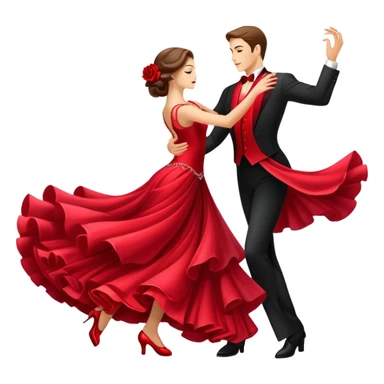 humanless Icon for Ballroom Dancing: a pair of ballroom dance shoes, a rose, a dance floor, a flowing, voluminous ballroom dress in motion, and a shining spotlight. The icon should represent the elegance and atmosphere of ballroom dancing, focusing on the attire and setting. Transparent background. sticker