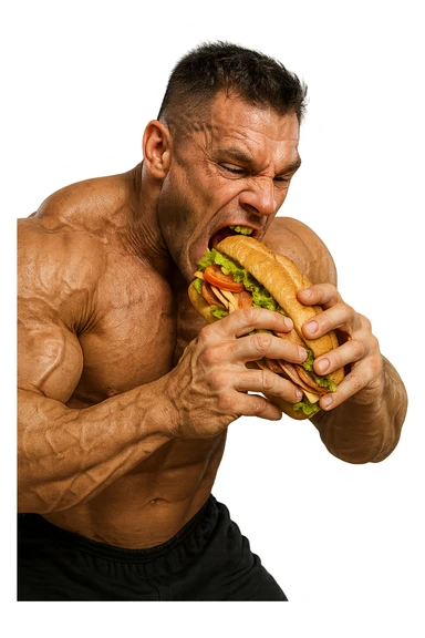 bodybuilder che mangia affamato un panino, iperrealistico 4k sticker