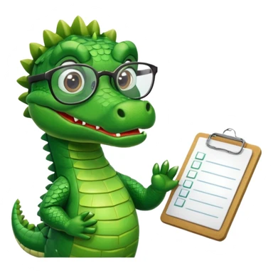 A cartoon alligator with a clipboard and glasses sticker