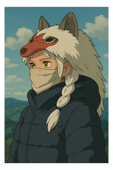 1 female, gold yellow eyes, white hair with a single long braid, wolf headdress, rag face covering, dark colored puffer parka, gazing into the distance sticker