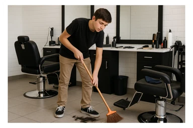 sartaroshxonani tozalayotgan o'smirin bola juda  yosh ham emas katta ham supir sudir qilaytgani narsalarni tozalayotgani  
 sticker