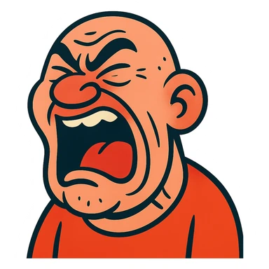 bald screaming ugly man with exaggerated features, cartoon style, comical and expressive sticker