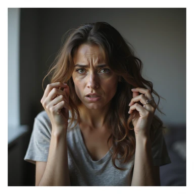 hyperrealistic 4K detailed image of a woman with hormonal imbalance, visibly thinning hair, holding a lock of hair, worried face, domestic environment sticker